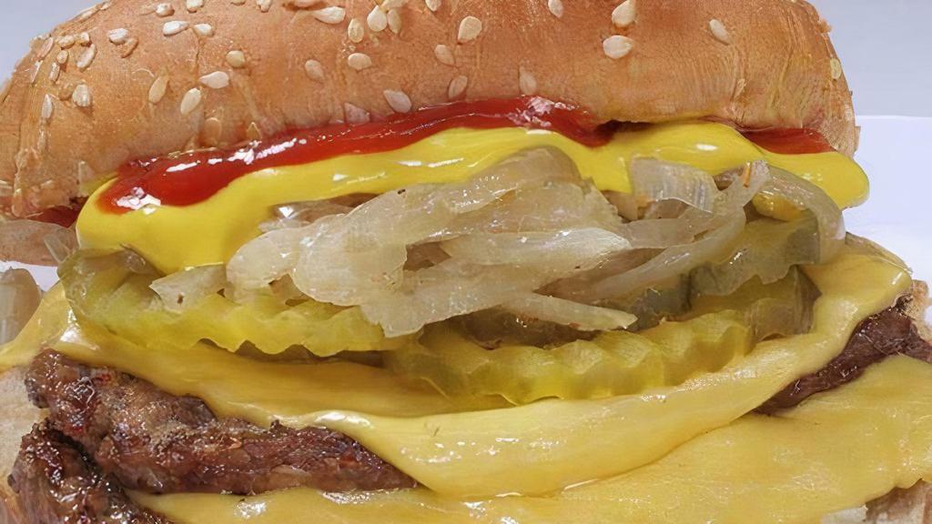 Big Baby Double Cheeseburgers · mustard, ketchup, pickles, grilled onions