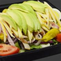 Julie Salad · Mixed lettuce, cucumbers, tomato, onion, pepperoncini peppers, butterball oven roasted turke...