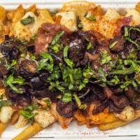 Herb Roasted Mushroom Overload Fries · Crispy Fries Topped with Wisconsin Cheese Curds, White Garlic Herb Gravy,  caramelized onion...