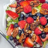 Very Berry Salad · Crisp Mixed Greens, Strawberries, Blueberries, Raspberries, Blue Cheese, Candied Pecans, and...