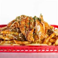 Spicy Honey Garlic Fries · Crispy seasoned fries drizzled with our Spicy honey garlic sauce , cheddar cheese , jalapeño...