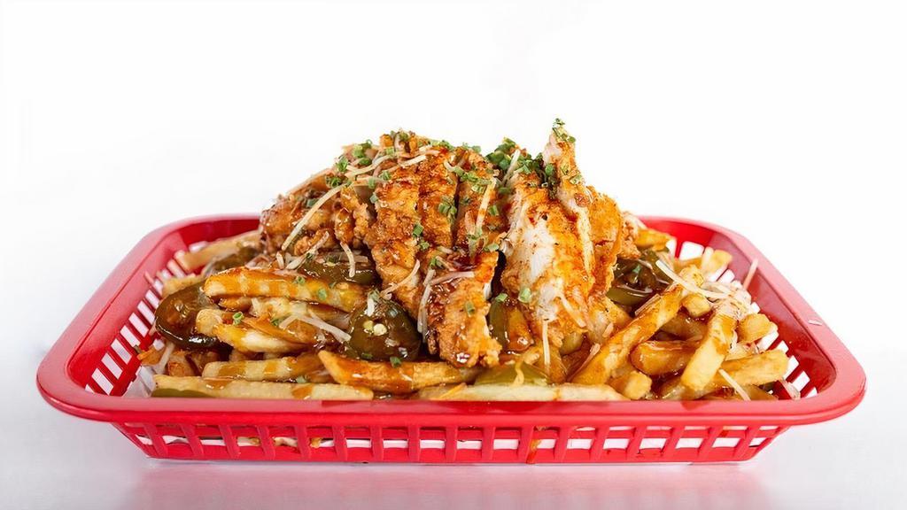 Spicy Honey Garlic Fries · Crispy seasoned fries drizzled with our Spicy honey garlic sauce , cheddar cheese , jalapeños, chives and our crispy chicken.