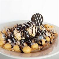The Oreo · VANILLA ICE CREAM, OREO CRUMBLES , CHOCLATE DRIZZEL AND ICING ON A CRISPY WAFFLE