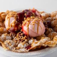 The Pb & J · HOT AND CRISPY WAFFLE WITH STRAWBERRY ICE CREAM , PEANUT BUTTER AND JELLY WITH CRUSHED PEANU...