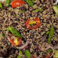 Quinoa Bowl · Quinoa, cucumbers, grape tomatoes, asparagus, marinated red onions & black turtle beans - he...
