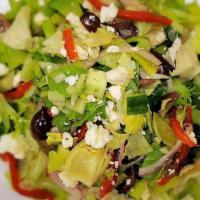 Mediterranean Salad · Mixed greens, roasted red peppers, marinated red onion, kalamata olives, cucumbers, artichok...