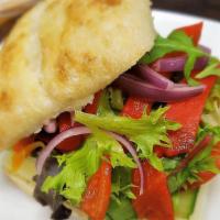 Garden Veggie Sandwich · Mixed greens, cucumber, roasted red pepper, tomato, marinated red onion, your choice of chee...
