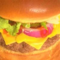Cheeseburger · American cheese, ketchup, mustard, mayo, pickle, lettuce, onion, and tomato.