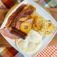 #5.  -5 Star Breakfast, 3 Eggs, Ham, 2 Bacon, 2 Sausage, Hash Or Grits & Toast · 