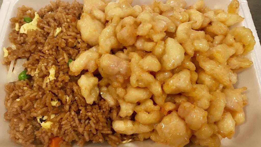 Coconut Chicken · Served with fried rice and 1 egg roll or 3 crab rangoon.