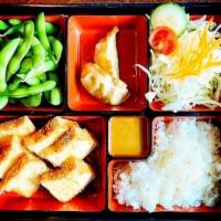 Atsuage Tofu Bento  (Vegan) · Set includes grilled tofu / teriyaki / salad / edamame / veggie age gyoza (Vegan)