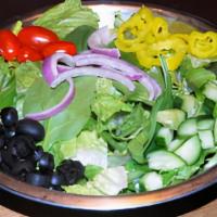 Garden Salad Side · Fresh blend of Romaine and Spinach, Cherry Tomato, Red Onion, Cucumber, Black Olive, and Ban...