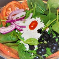 Mediterranean Salad · Sliced Tomatoes, Fresh Baby Spinach, Black Olives, Feta Cheese, Red Onions served with your ...