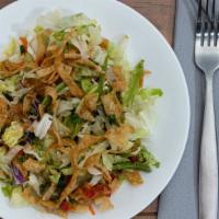 Asian Salad · Grilled chicken, shredded cabbage, lettuce, pea pods, red peppers, green onions, and cilantr...