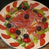 Antipasto Salad · Salad greens, tomato, pepperoncini, red onion, black olive, hard salami, pepperoni, and chee...
