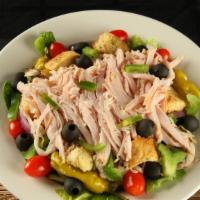 Turkey Salad · Salad greens, tomato, green peppers, mushrooms, red onion, black olives, pepperoncini, chees...