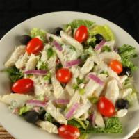 Penne Pasta Salad · Penne pasta tossed with ranch dressing, veggies, and Parmesan on a bed of fresh romaine with...