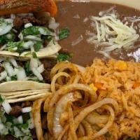 Soft Taco Lunch Special · Three street tacos served with rice and beans.