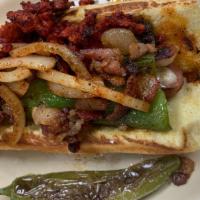 Hotdogs · Hotdog polish, stuffed with queso, wrapped in whole green chili topped with bacon, chorizo, ...