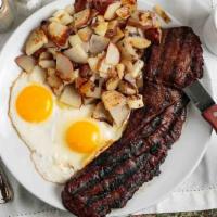 Steak & Eggs · Biggest skirt steak in the midwest char broiled to perfection.