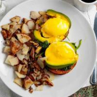 Sonoma Benedict · Avocado, spinach, tomato, poached eggs, English muffin, hollandaise.