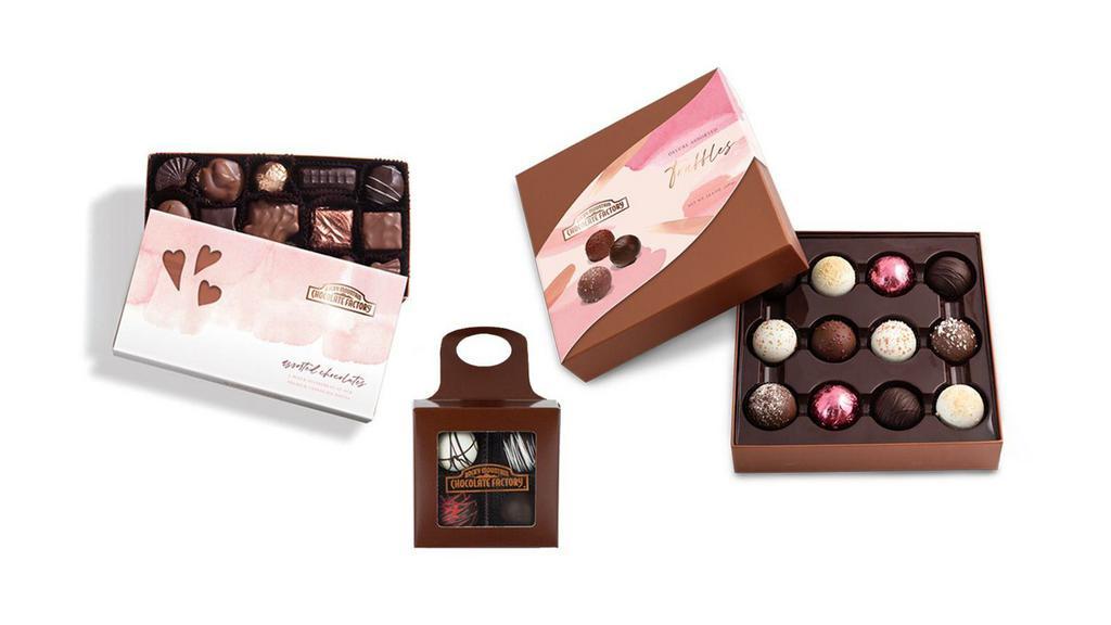 Valentine'S Day Chocolate Truffle Gift Boxes · Specialty Valentine’s Day Truffle box and limited edition Four-piece Wine inspired truffle box.