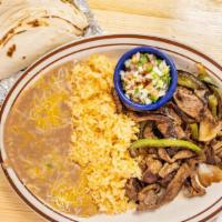 Beef Fajitas · Grilled beef, grilled onions and bell peppers. Served with rice, refried beans, and side of ...