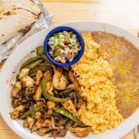 Chicken Fajitas · Grilled chicken, grilled onions and bell peppers. Served with rice, refried beans, and side ...