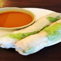 Veggie Spring Rolls (2) · Lettuce, vermicelli rice noodles, soy tofu with peanut  sauce. GF sauce upon request