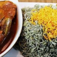 Baghali Polo With Lamb Shank · One piece of lamb shanks with dill and lima beans rice.