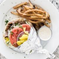 Gyro · Special blend of lean, flame-roasted beef and lamb, thinly sliced then topped with lettuce, ...