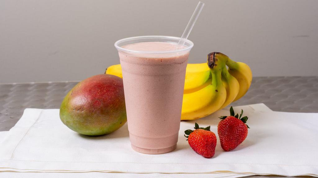 Fruity Tango · Skim milk, half banana, strawberry, mango, strawberry protein. * 187-307 cal. 
 
*Protein 23g.