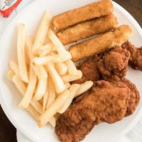 Chicken Finger Plate · Three chicken fingers served with fresh fruit or French fries.
