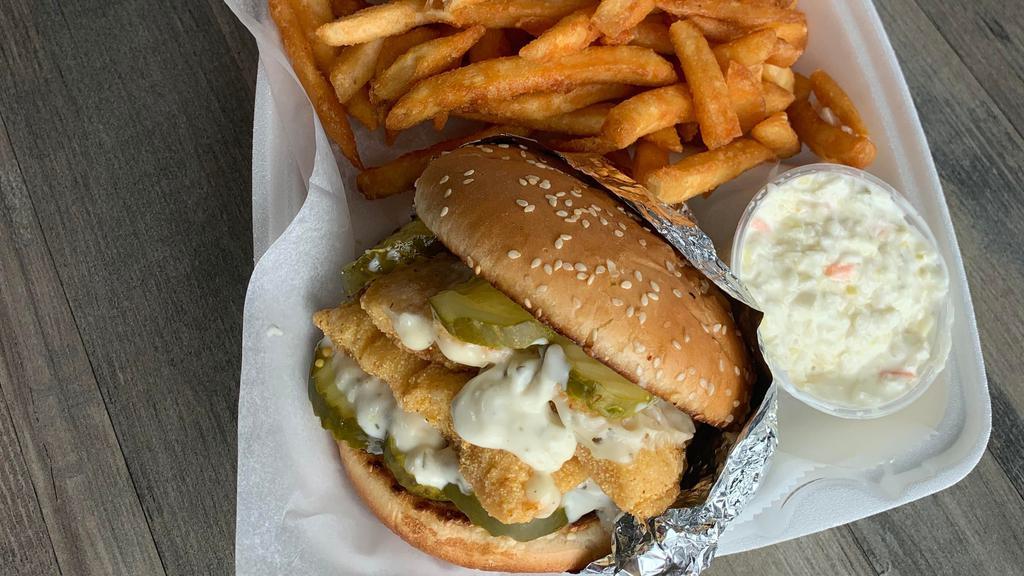 Signature Double Fish Sandwich & Fries Combo · Double Fish Sandwich, 9 ounces of catfish fillet, tartar sauce, salty pickles, on our special burger buns served with fries. (note: this special is here for a limited time only!)