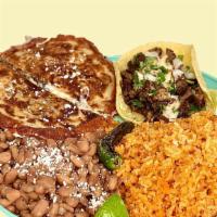 Mula Plate · 1 mula y 1 taco con rice y beans.