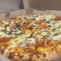 Super Supreme · Pepperoni, sausage, beef, ham, onions, mushrooms, green peppers, black olives and mozzarella...