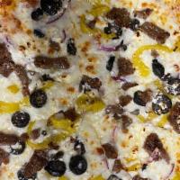 Greek · Gyro meat, red onions, banana peppers, black olives, mozzarella and feta cheese.