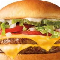 Cheeseburger · beef patty, cheese, mayo, mustard lettuce, onions, tomato, pickle.