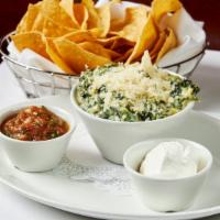 Warm Spinach Dip · Served with house-made tortilla chips, salsa, and sour cream