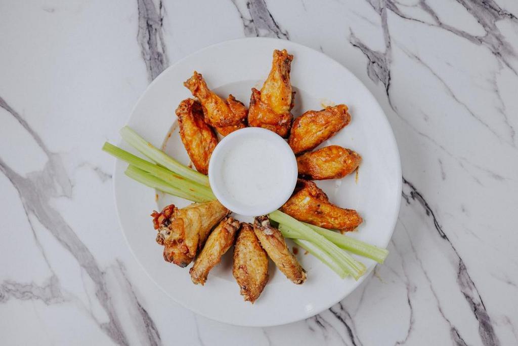 Wings For One · one pound of wings with choice of sauce, celery, ranch of bleu cheese dressing