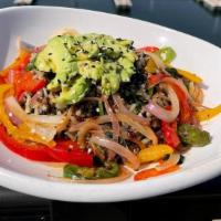 Veggie Bowl · sliced avocado, red & yellow peppers, jalapenos, red onion, kale crunch, ancient grain blend...