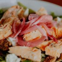 Salmon Salad · grilled salmon, mixed greens, goat cheese, pickled red onion, candied pecans, citrus vinaigr...