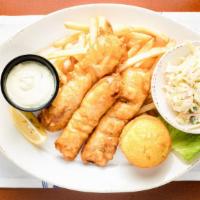Fish & Chips · beer batter pollock, coleslaw, french fries and tartar sauce
