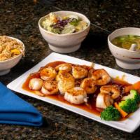 Shrimp And Scallops Hibachi · Served with clear soup, house salad, vegetable, two pieces appetizer shrimp, and steamed or ...