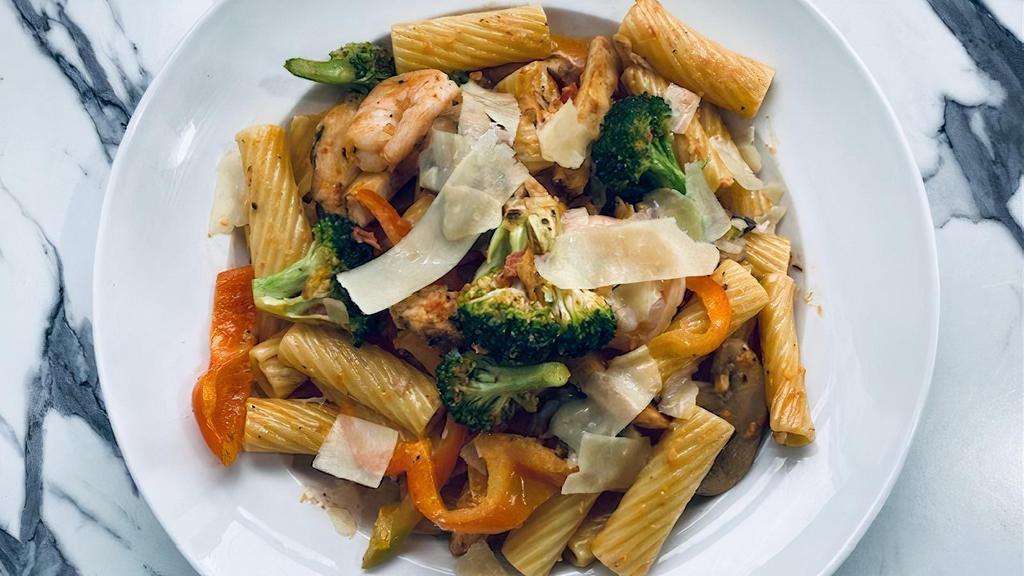 Build Your Own Pasta · Choose 1 pasta, 1 sauce, 1 sautéed veggie, and 1 protein.