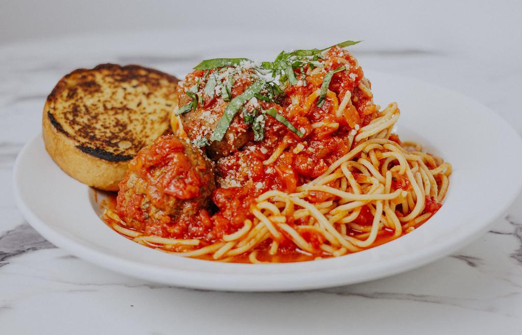 Spaghetti And Meatballs · spaghetti pasta, fresh pomodoro sauce, basil, parmesan cheese, beef & pork meatballs