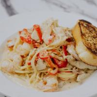 Chicken And Shrimp Carbonara · shrimp, grilled chicken, bacon, red bell peppers, onions, cream sauce, egg, parmesan cheese,...