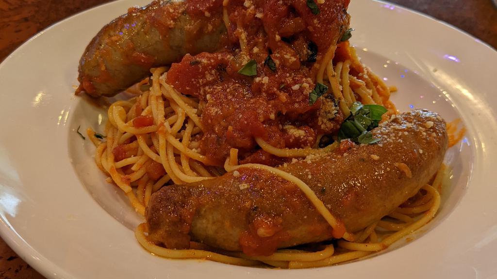 Spaghetti With Spicy Italian Sausage · Spicy italian sausage, tomato pomodoro sauce, spaghetti pasta, fresh garlic