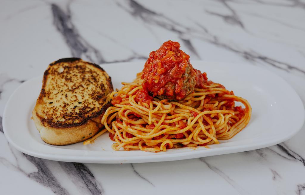 Kids' Spaghetti And Meatballs · spaghetti pasta, tomato sauce, beef & pork meatballs.
