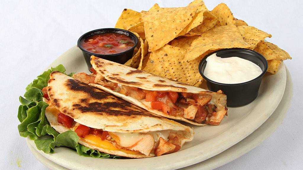 Chicken Quesadillas · Two flour tortillas filled with grilled chicken breast, pepper jack, cheddar and salsa. Served with tortilla chips, salsa and sour cream.